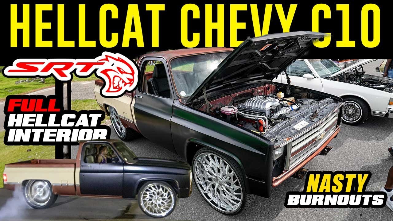 HELLCAT SWAPPED TRUCK on 28s at Donkmaster's Car Show doing Burnouts! Full Hellcat SRT Interior !