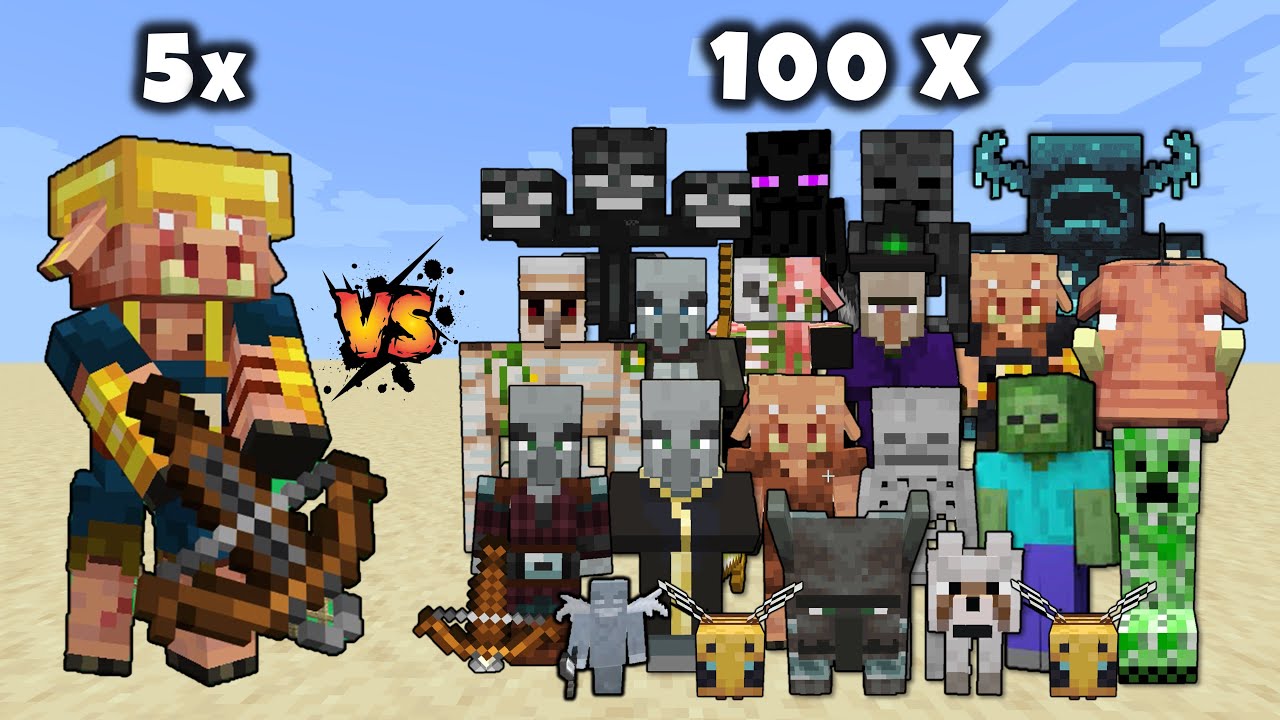 5 Piglin Brute Hunters vs 100x All Minecraft Mobs | Minecraft 5v100 | Minecraft mob battle