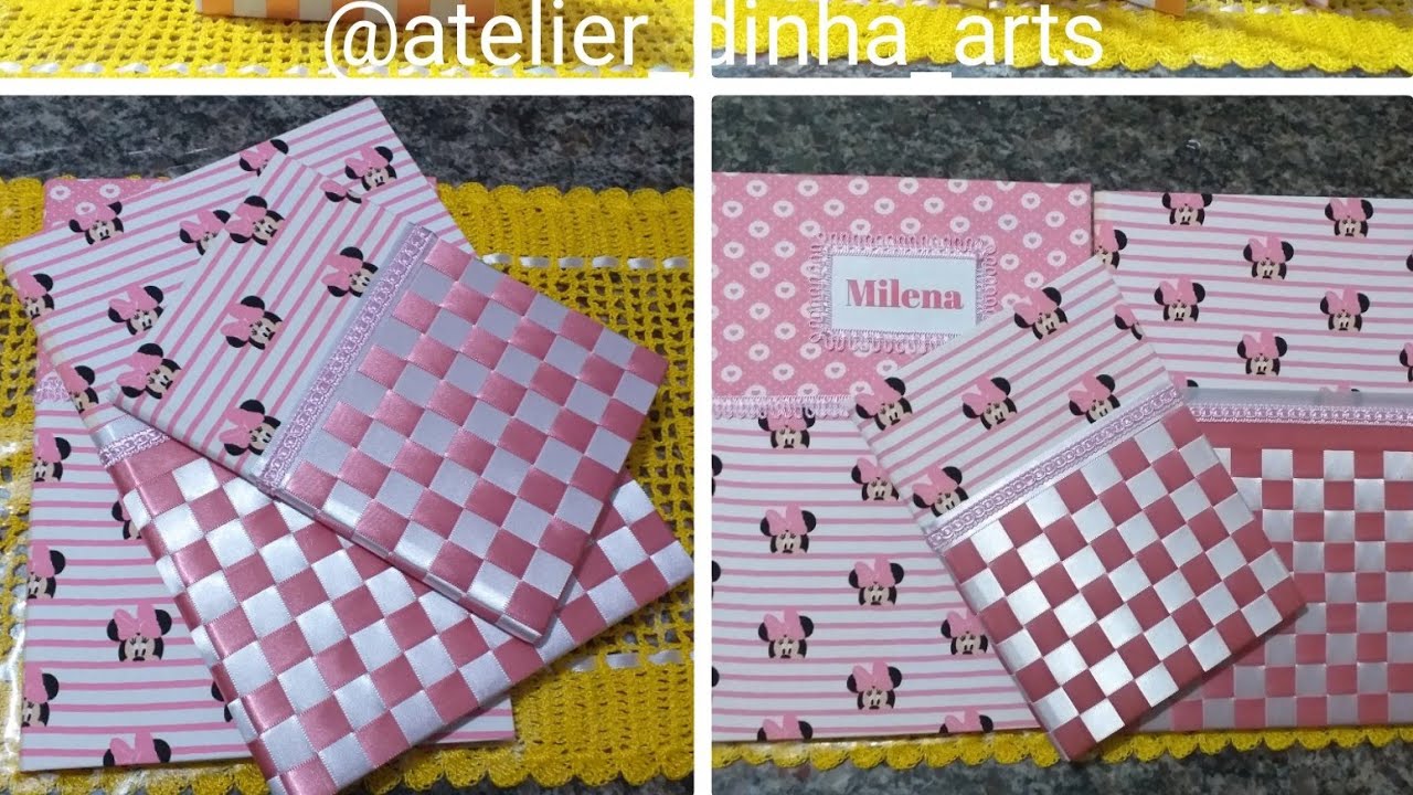 Caderno decorado com fitas de cetim e tecido
