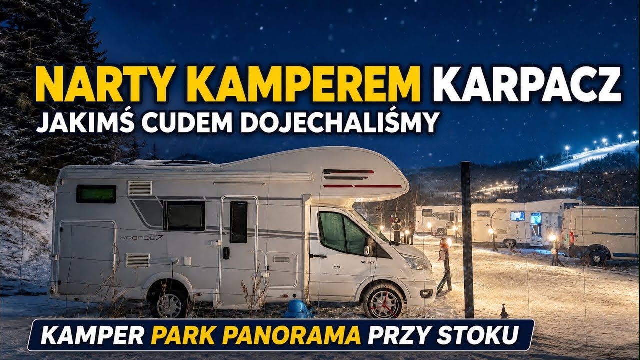 Zima Kamper Park Panorama Karpacz. Kemping zimą przy stoku narty kamperem. Zimowy karawaning. Camper
