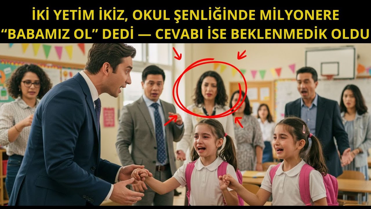 İKİ YETİM İKİZ, OKUL ŞENLİĞİNDE MİLYONERE “BABAMIZ OL” DEDİ — CEVABI İSE BEKLENMEDİK OLDU