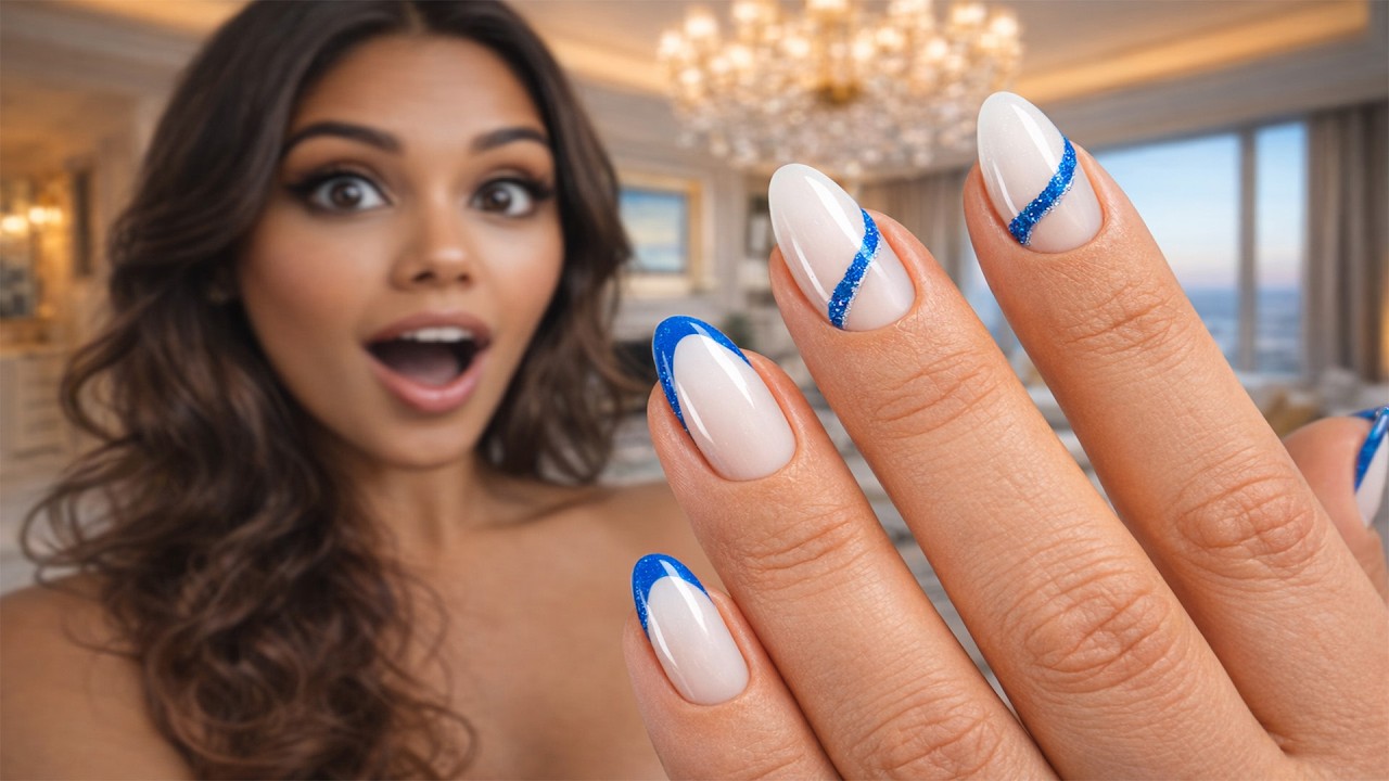 Milky White Oval Nails 🥛 | Electric Blue French & Abstract Waves | Full 30-Minute Manicure