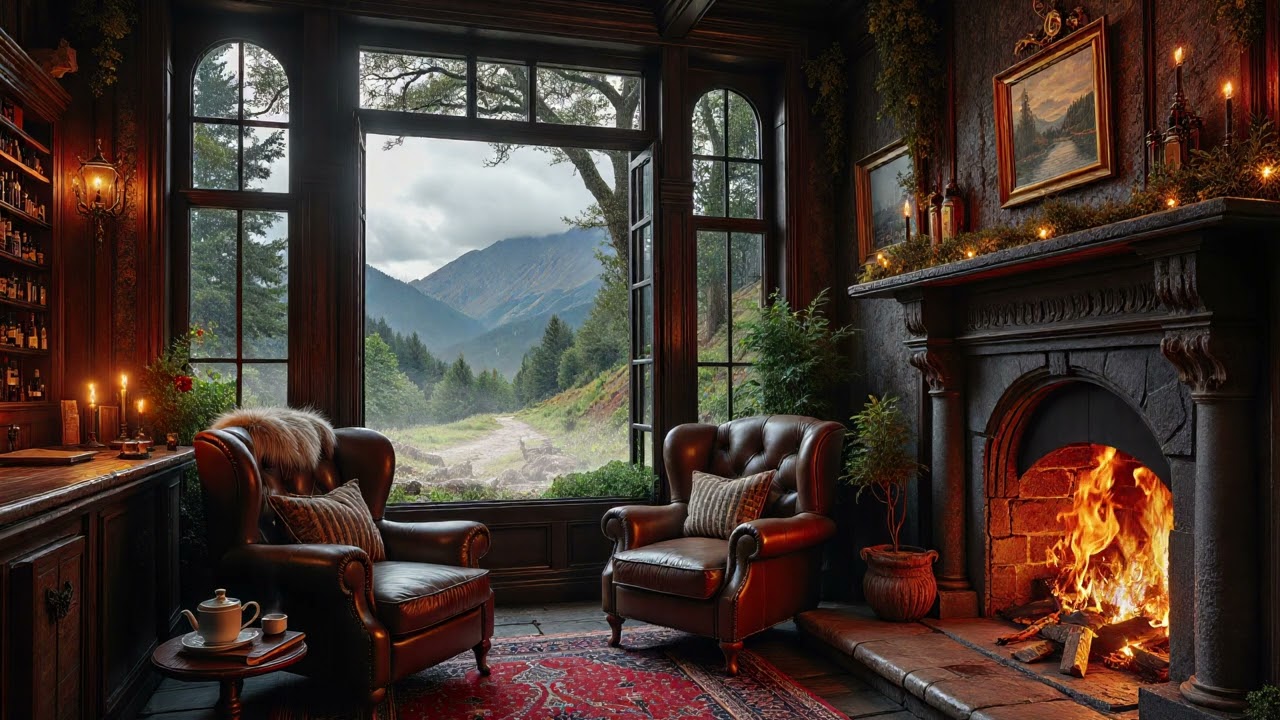 Cozy Celtic Scottish Library Ambience 📚✨ Relaxing Folk Music, Rain Sounds & Crackling Fireplace