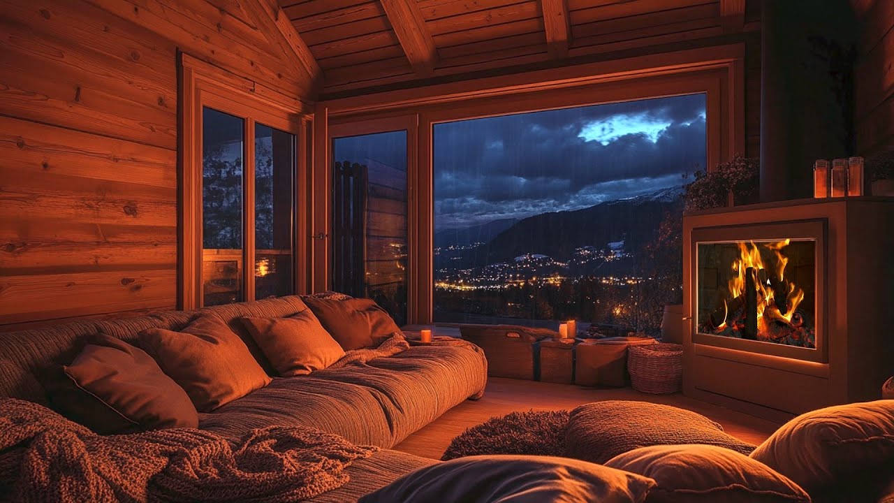 Rain, Thunder & Fireplace Sounds at Night | Relaxing White Noise for Sleep