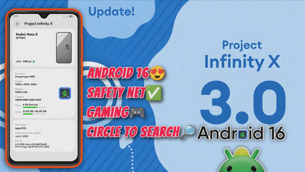 🔥 Infinity X ROM Android 16 for Redmi Note 8 – BEST Custom ROM! (Official V3.0 Update Review)