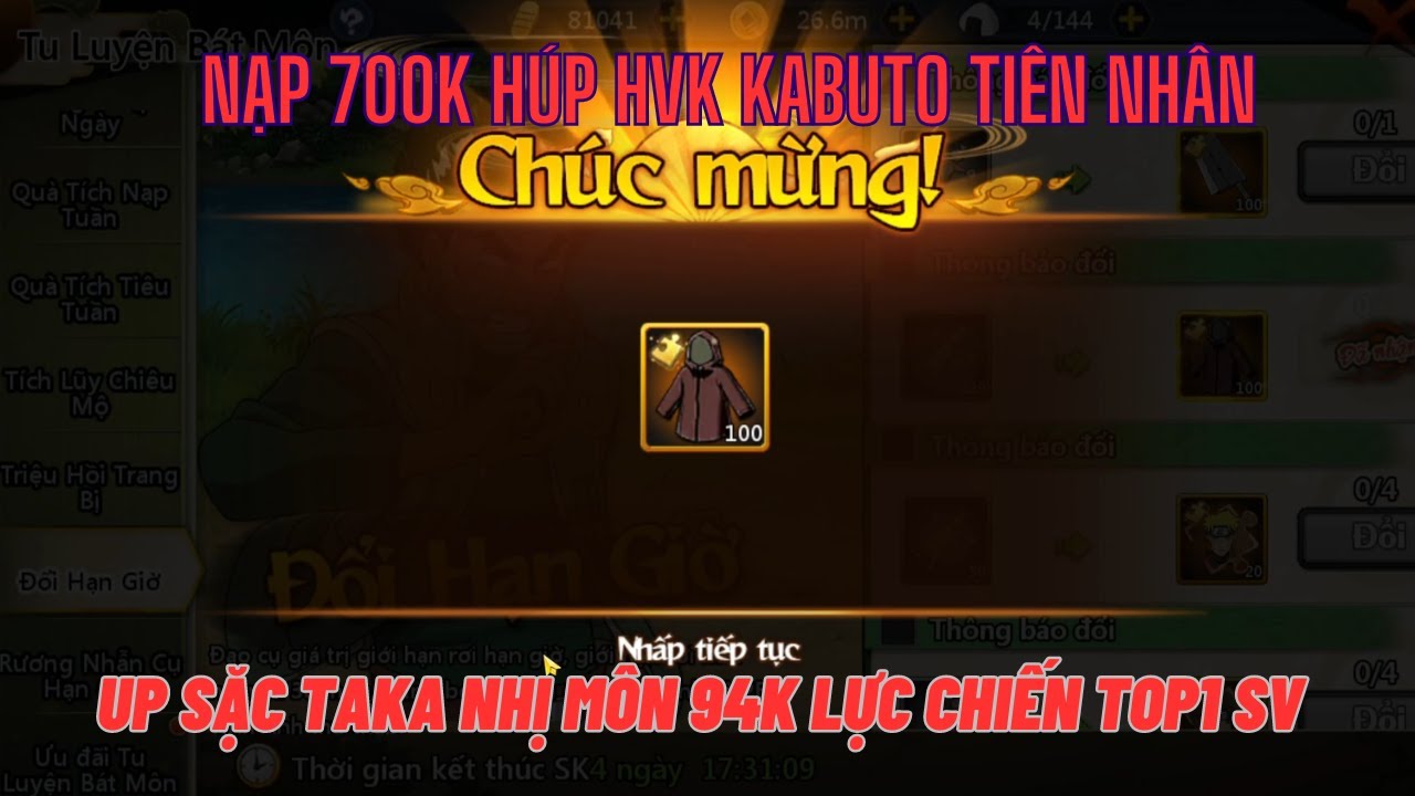 Huyền Thoại Làng Lá - Nạp 700k đổi hvk Kabuto Tiên - Đổi copy Sasuke Taka up Tam Môn 94k lực chiến
