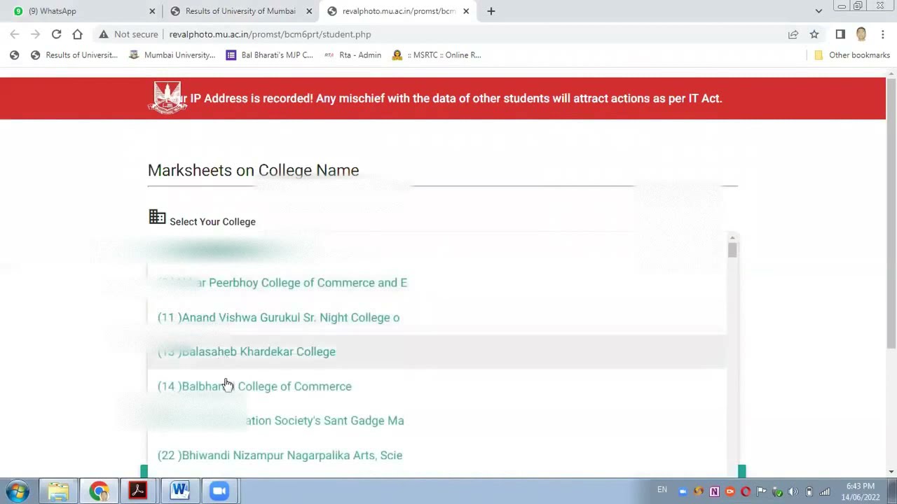 TYBCOM Sem-VI May 2022 Examination Provisional Marksheet