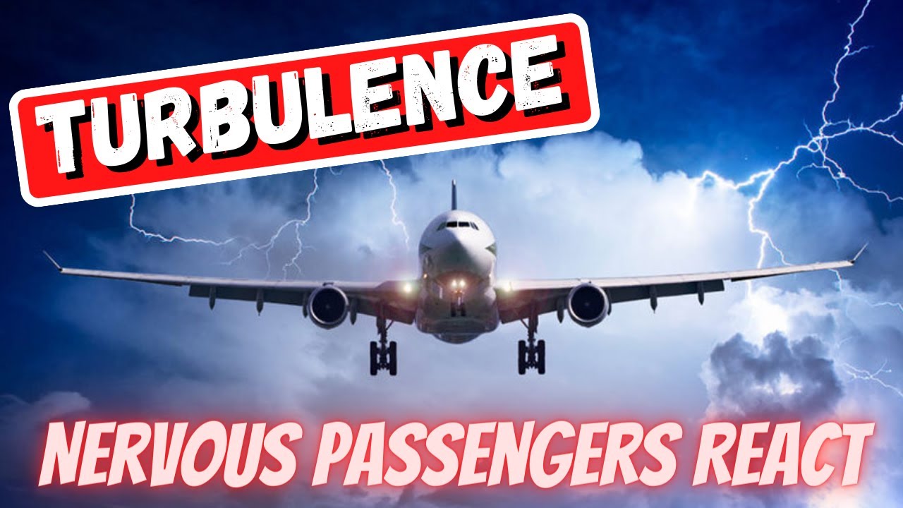 Nervous airline passengers react to violent air turbulence during landing.