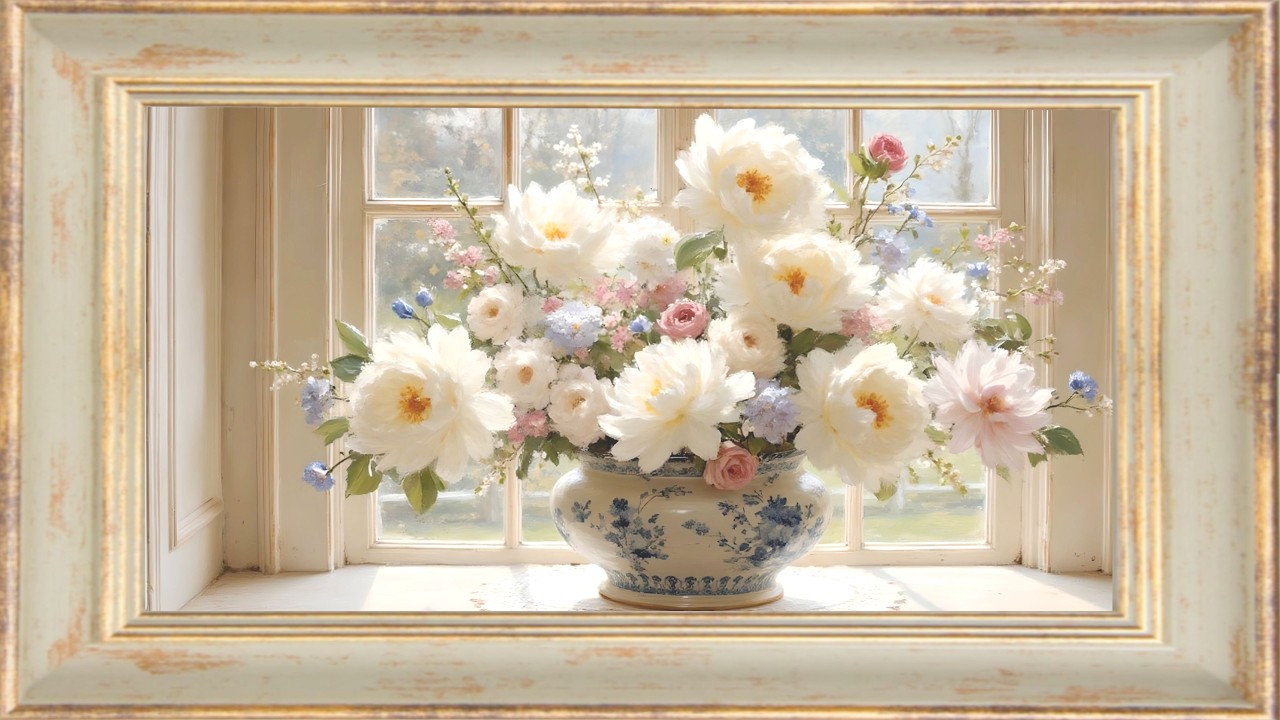 Peony Bright Morning | Gold Framed Floral Painting | Spring Screensaver