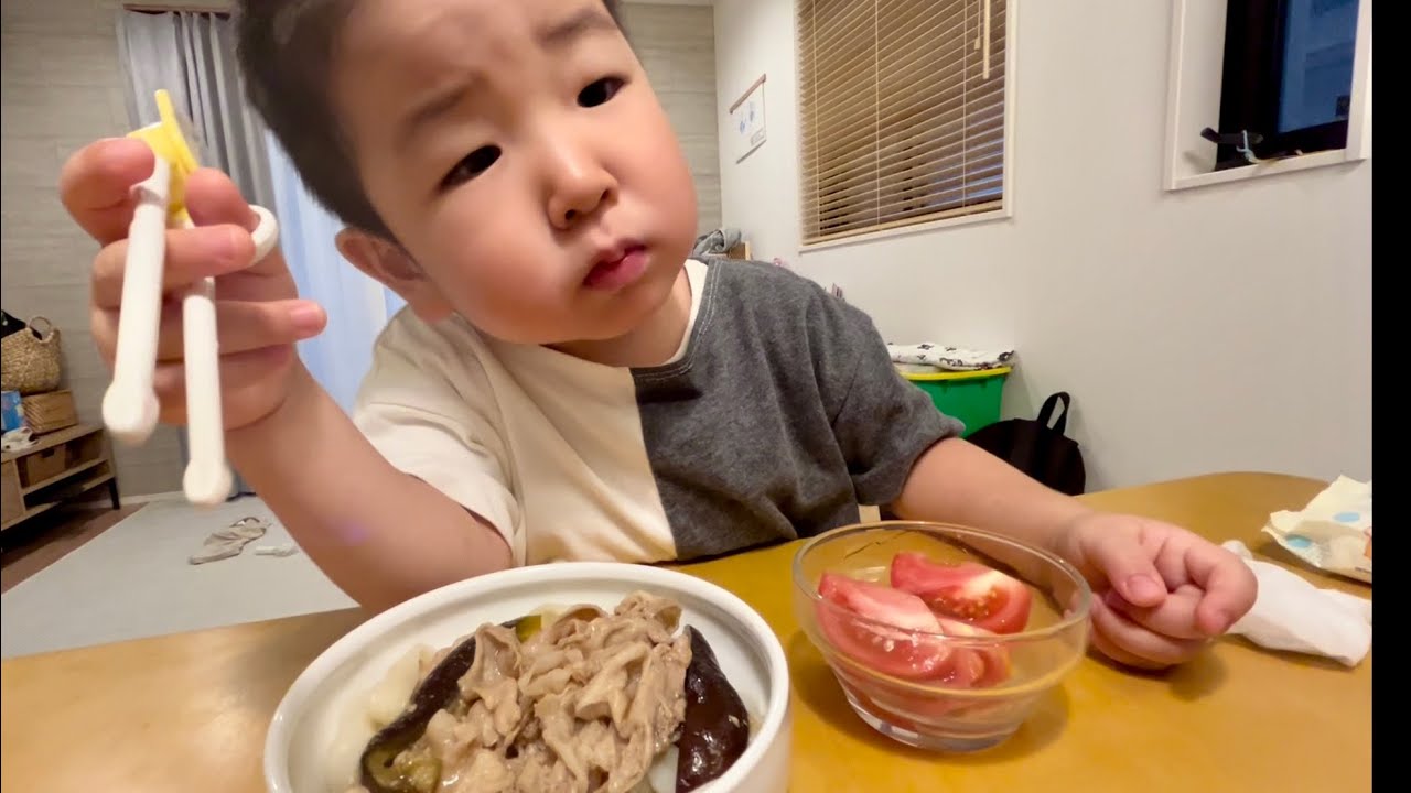 【3歳８ヶ月】豚しゃぶと蒸しなすのぶっかけ冷やしうどんを食べる！［3 years and 8 months old] Eats udon noodles!