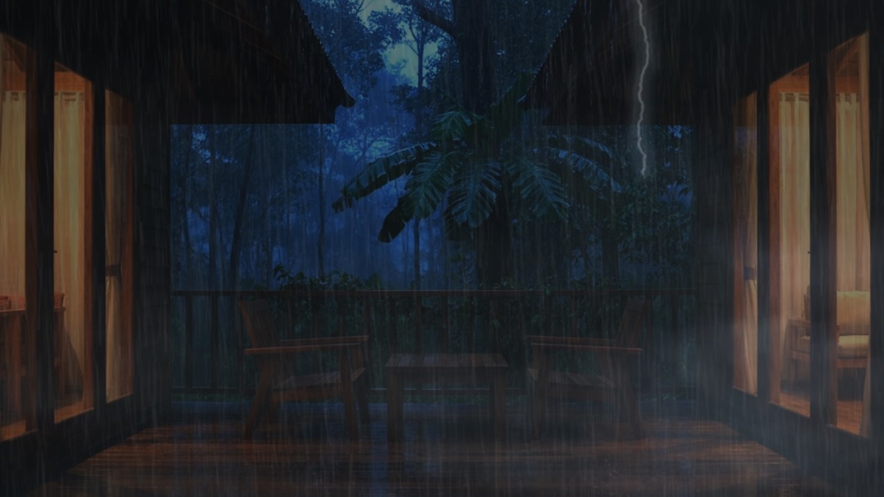 Night Rain and Thunder Outside a Forest Cabin Deck | Cozy Storm Ambience for Deep Sleep