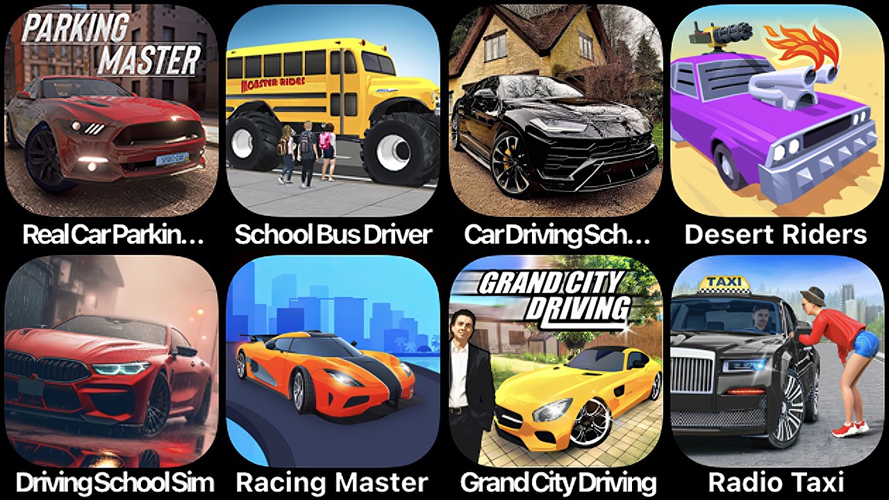 Real Car Parking, School Bus Driver, Car Driving School, Desert Riders, Driving School Simulator