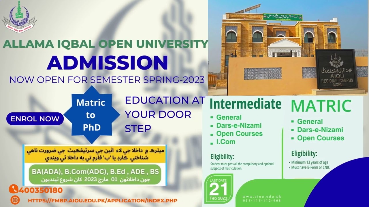 AIOU Admissions (Matric to PhD) for Semester Spring-2023