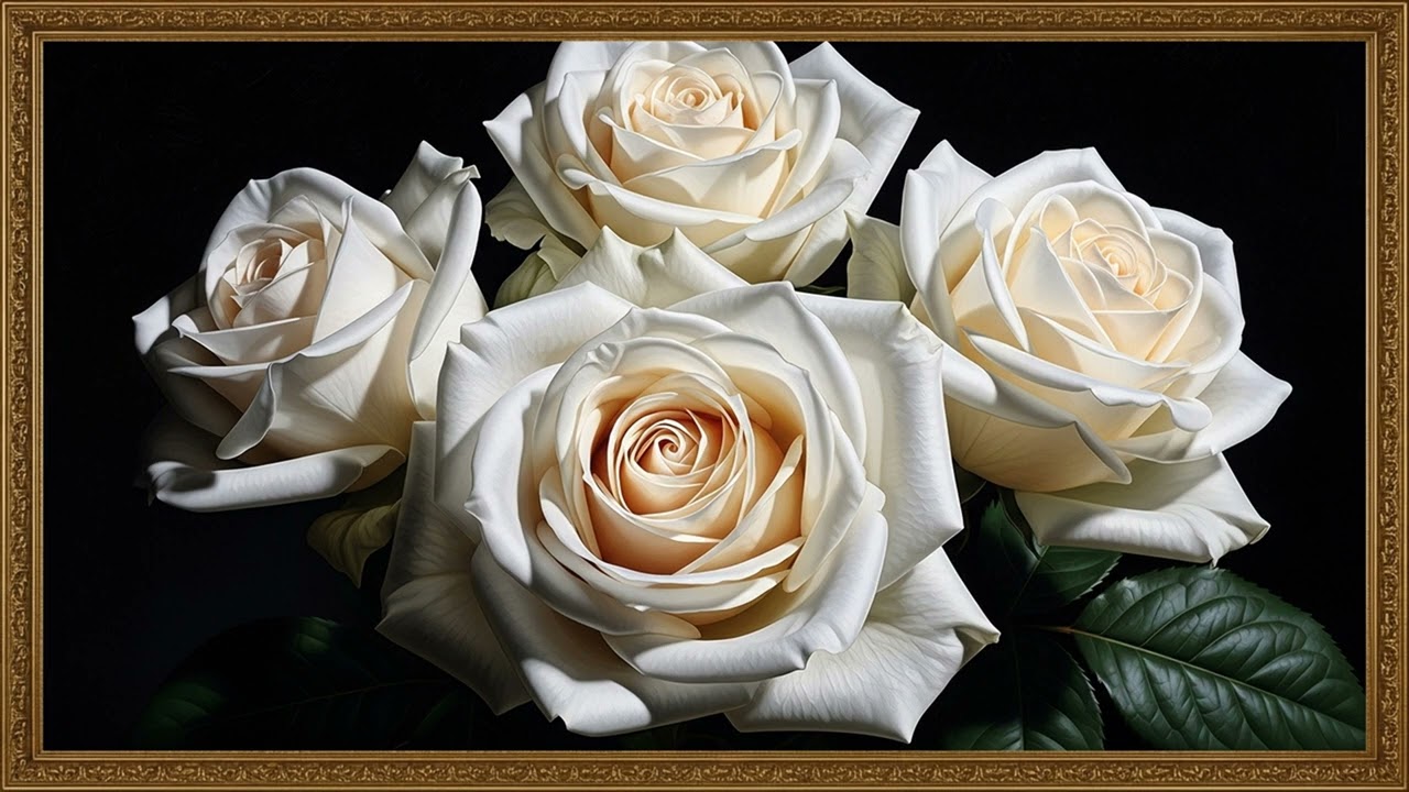 Grand Museum-Style White Rose Painting 4K | Dramatic Elegant Wall Feature