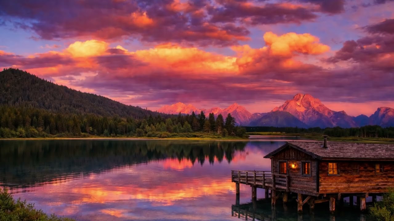 Peaceful Mountain Lake at Sunset | 3 Hours Relaxing Ambient Music | 4K Nature Art