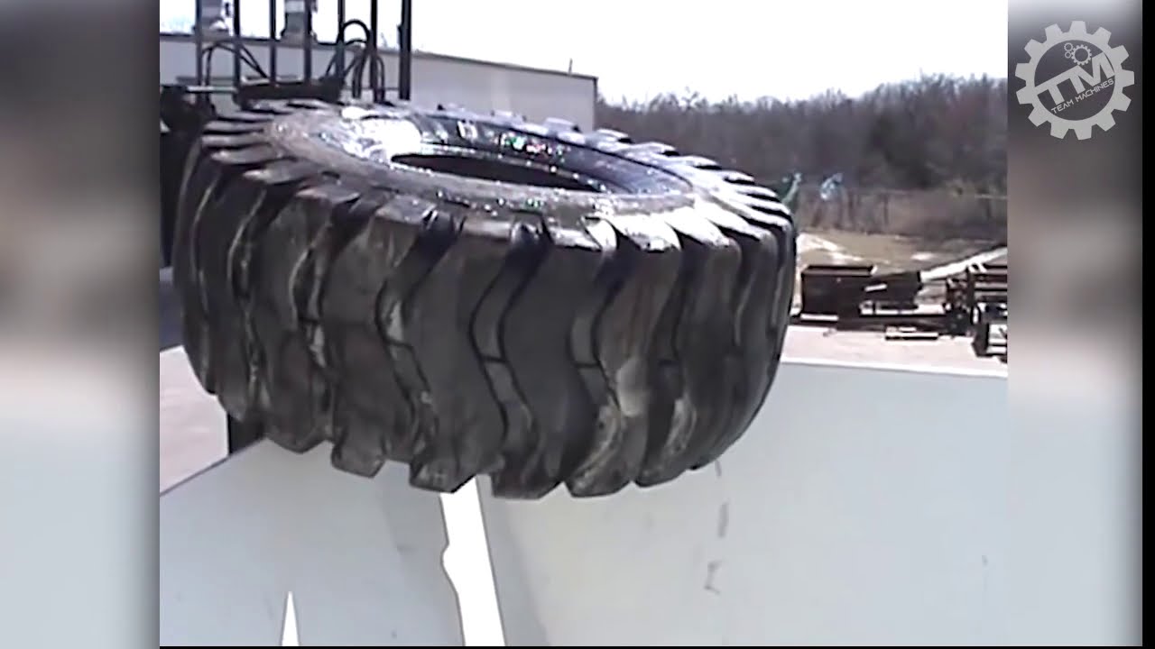 Powerful and dangerous monster crusher, destroying giant truck tires! Shredder!