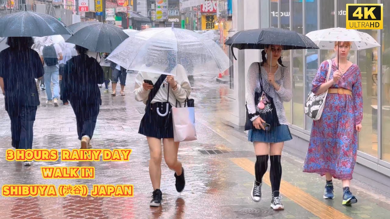 【4k hdr】 3 Hours Rainy day Walk in Shibuya (渋谷) Tokyo Japan | Relaxing Natural City ambience