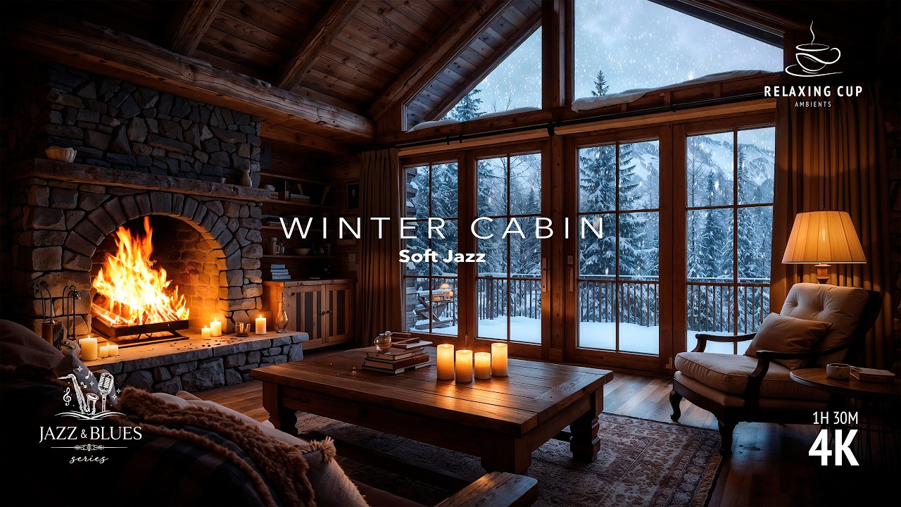 Cozy Winter Cabin Jazz - Fireplace & Snowfall Ambience for Relaxing, Study & Sleep (4K)
