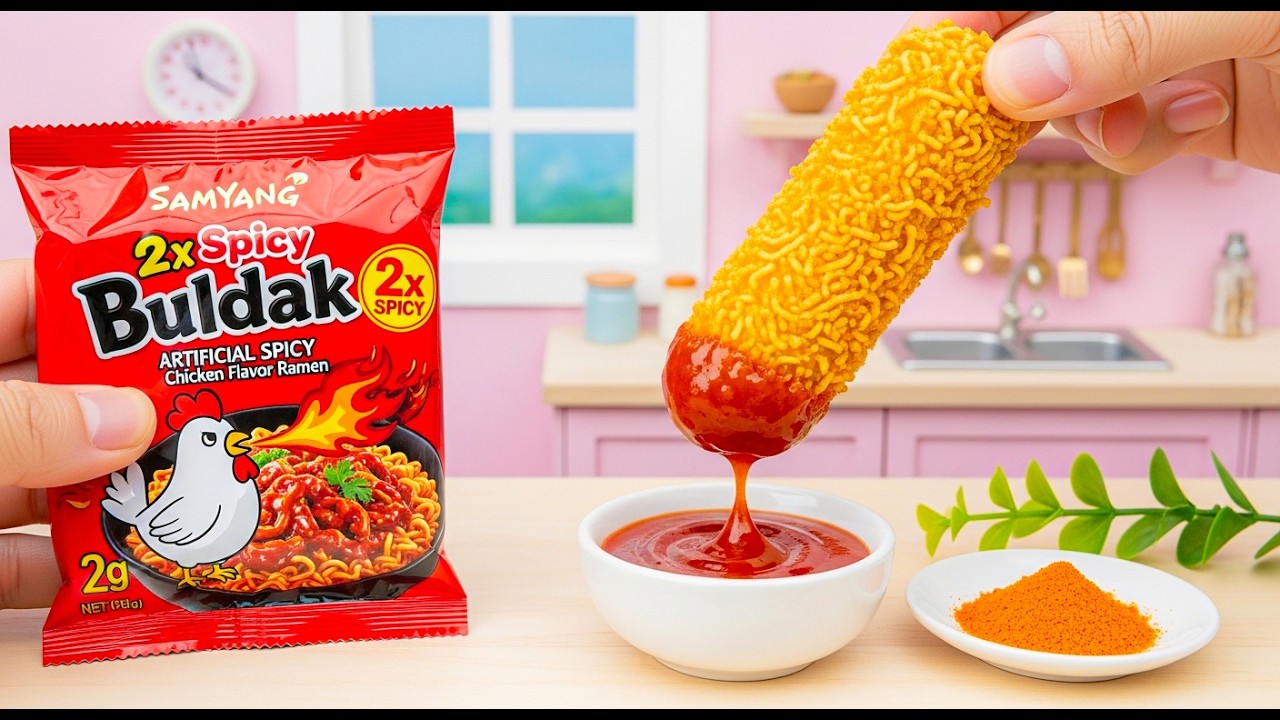 Giant Buldak Ramen Coated Mozzarella Stick 🔥 Satisfying Dip | Mini Food