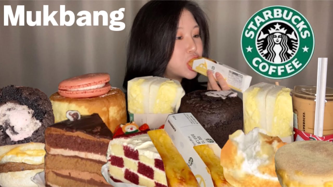 ASMR Торт Starbucks🍰 Десерт Mukbang🍩 Шоколадный торт, Клубничные макароны, Кремовый хлеб, Сэндвич