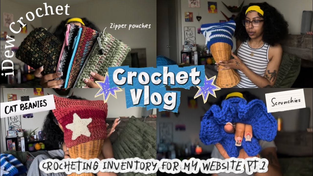 CROCHETING INVENTORY FOR MY SMALL BUSINESS PT.2🧶| ZIPPER POUCHES, SRUNCHIES, STAR CAT BEANIES 