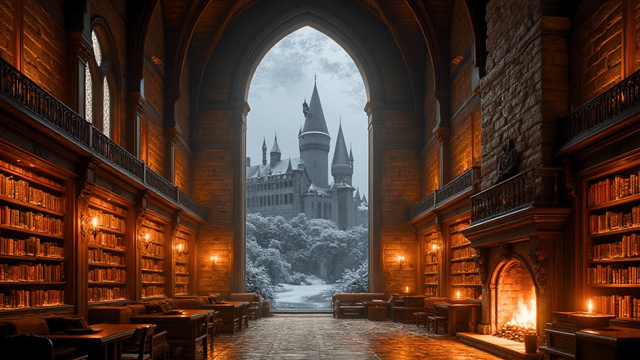 Crackling Fireplace Sounds 🔥 Cozy Castle Library Ambience with Hogwarts View