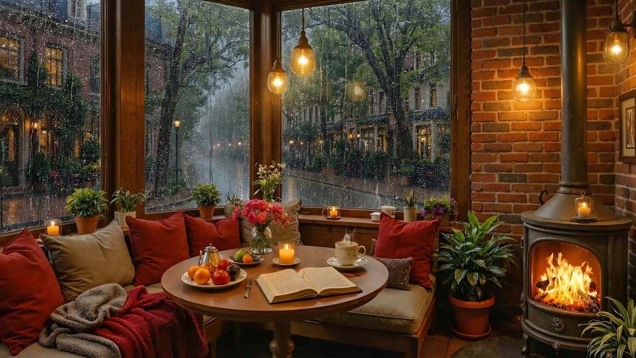 Rainy Night Window Coffee Shop | Cozy Jazz Instrumental & Fireplace Sounds for Relax & Focus