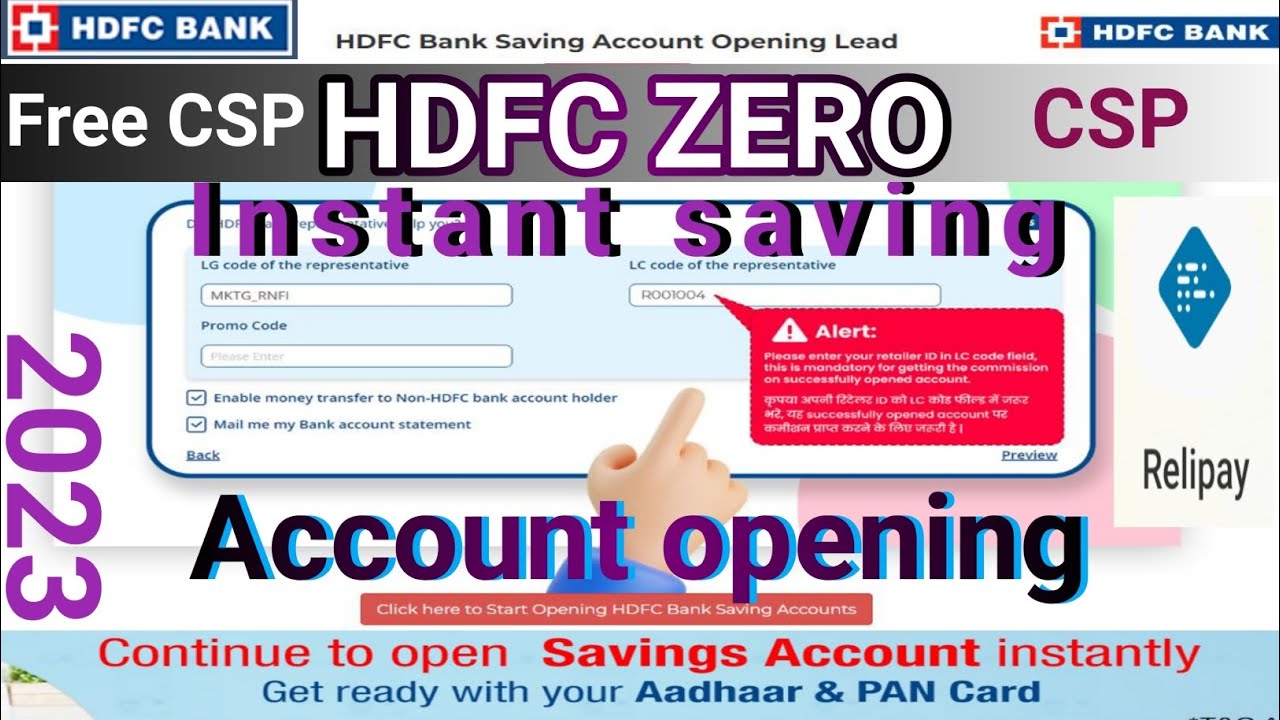 Hdfc zero saving account l HDFC CSP FOR RNFI COMPANY I  जीरो अकाउंट ओपन करें
