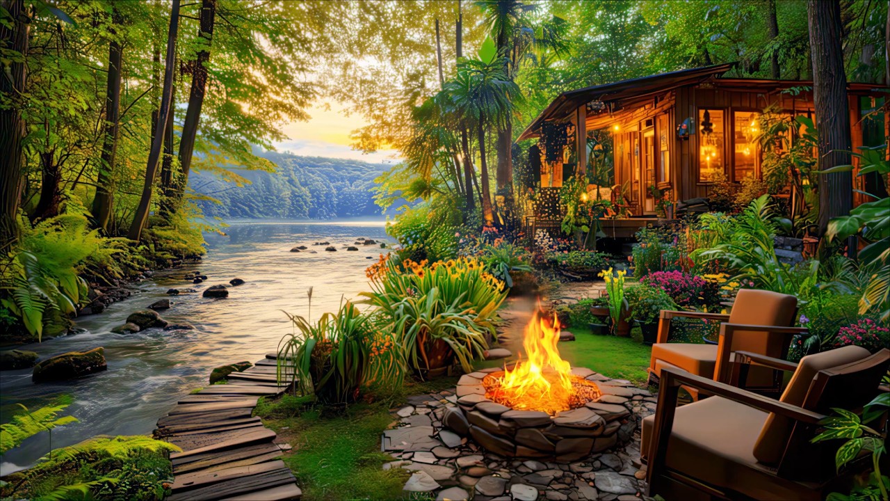 Relaxing Riverside Nature Ambience beside Calm Cabin, Campfire Sounds and Calm Water