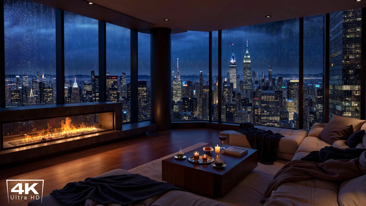 A Rainy Night in Luxurious New York Apartment with Smooth Jazz & Rain Sounds for Chill Out