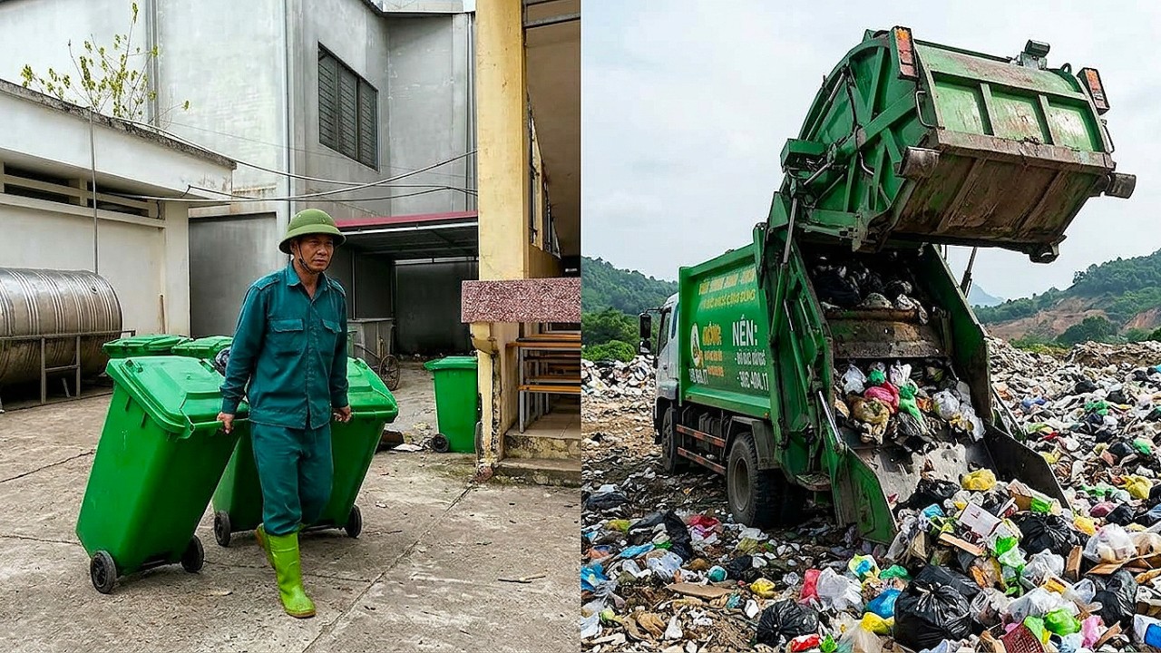 Rear-loading garbage trucks | Waste disposal at boarding schools and dumping at giant landfills