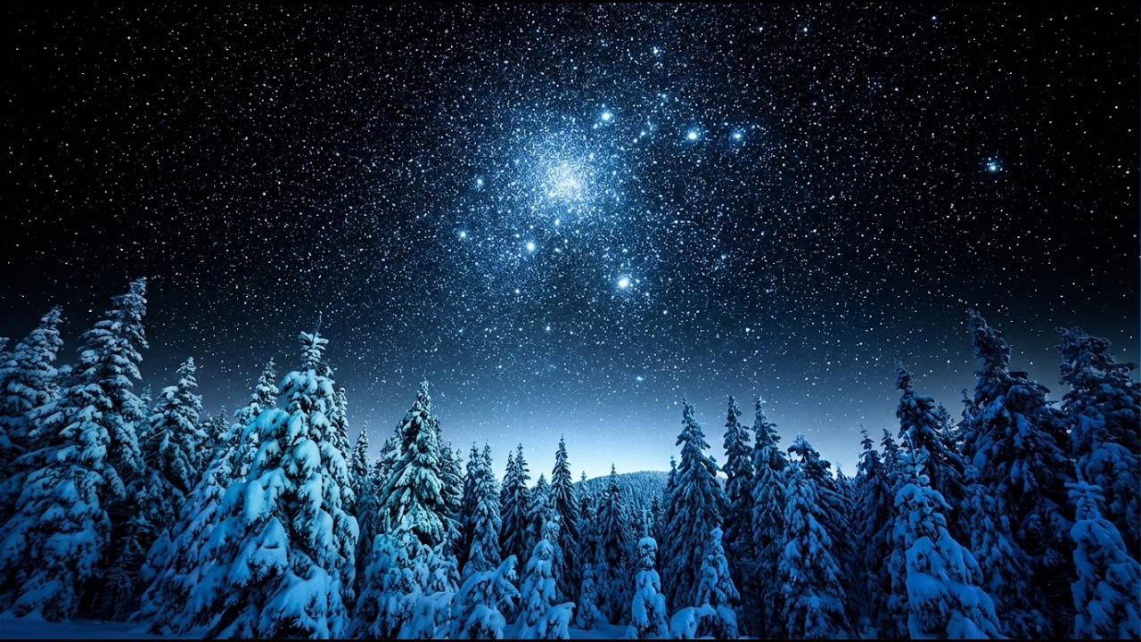 Ночное небо 4K HDR Зимний лес | 10 часов звёзд над снежным лесом OLED