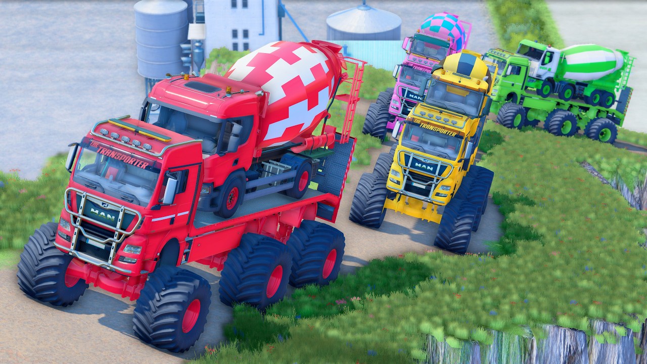 ALL COLOR MIXER TRUCK TRANSPORTING WITH DOUBLE FLATBED TRAILER TRUCKS! MERCEDES, MAN, ELKON - FS22