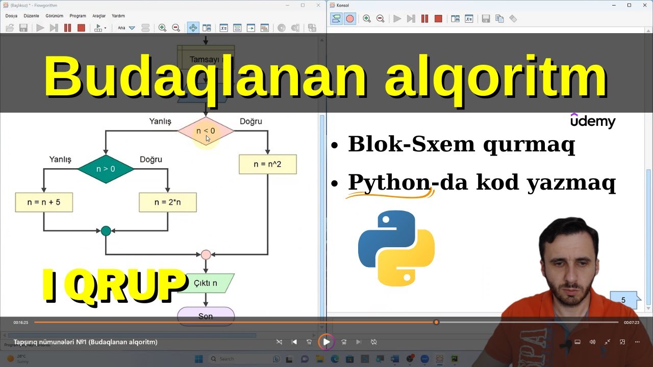 Budaqlanan alqoritm: Blok-Sxem qurmaq və Python -da kod yazmaq (Udemy kursumdan nümunə)