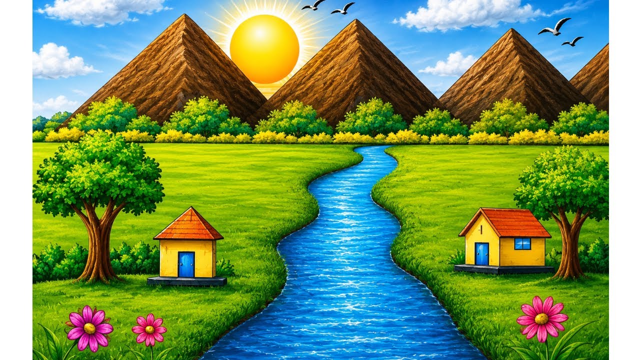 How to draw beautiful landscape scenery | easy step by step scenery drawing | easy nature drawing
