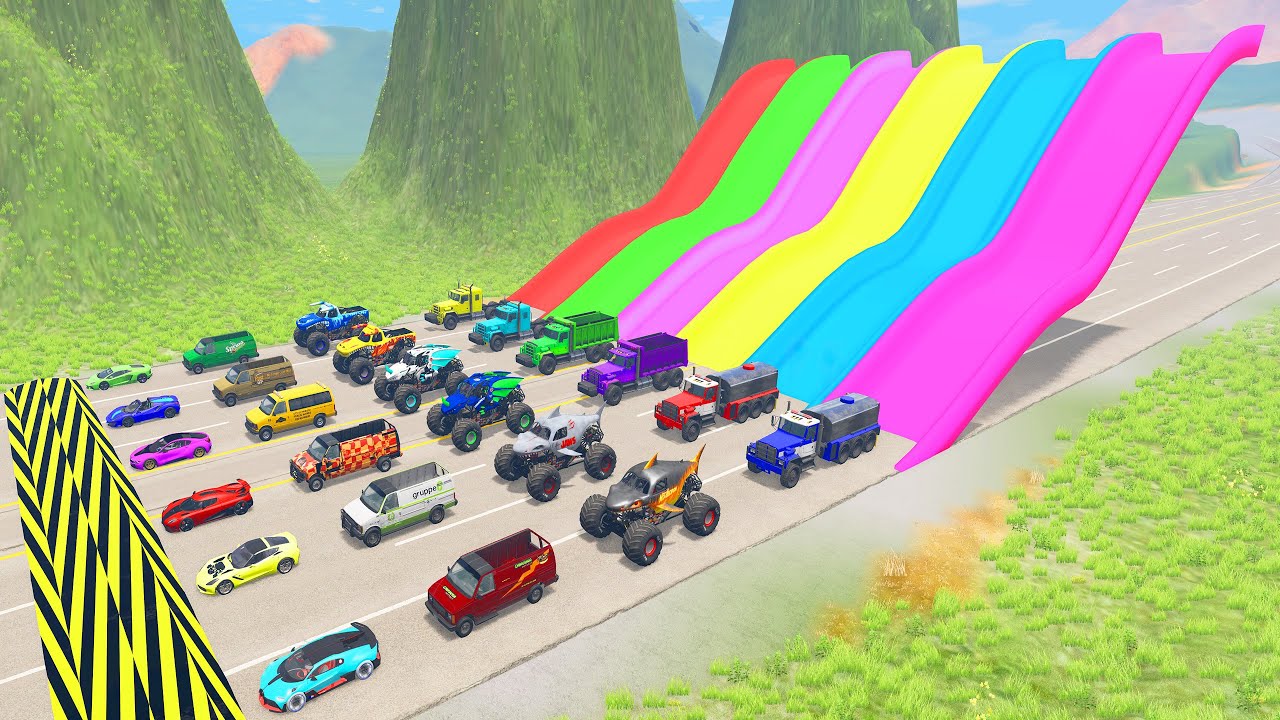 HT Gameplay Crash # 298 | Monster Truck & Cars vs Trap Colors High Speed Ramps & Spiked Speed Bumps