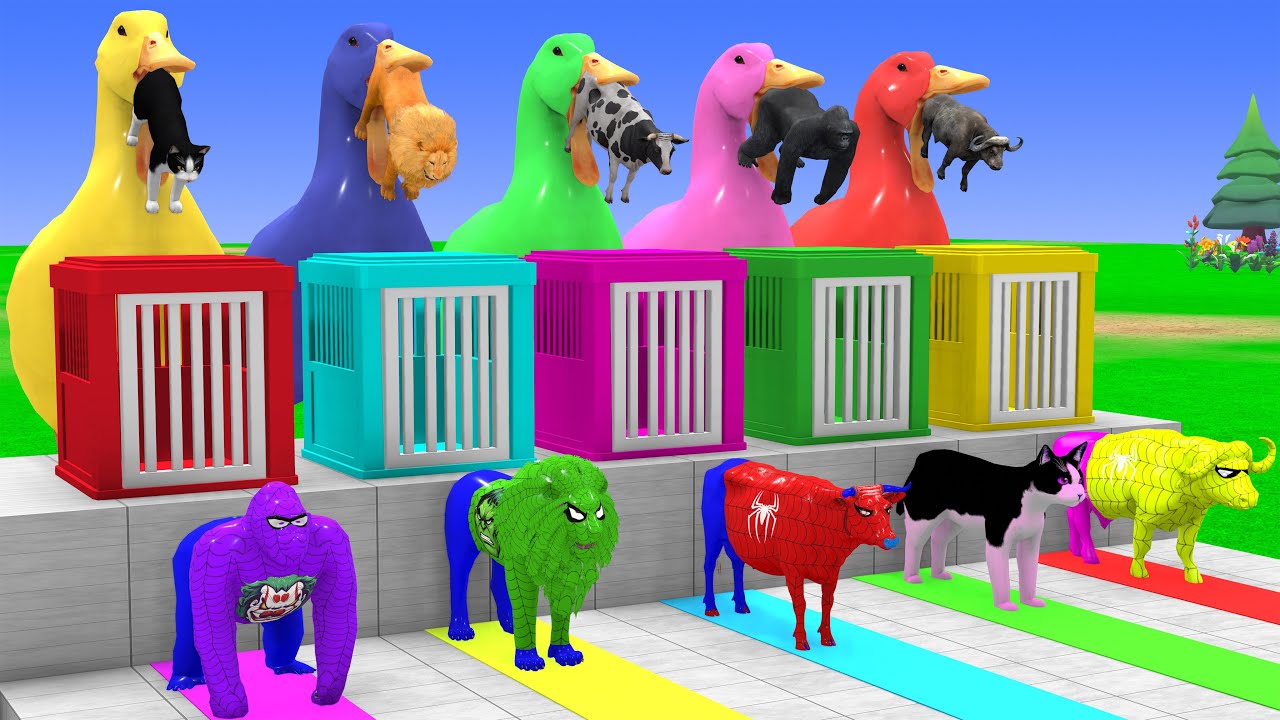 5 Giant Duck Game,Super Mario ,Tiger, Cow,Lion,Paint Wild Animals Crossing Fountain Animation