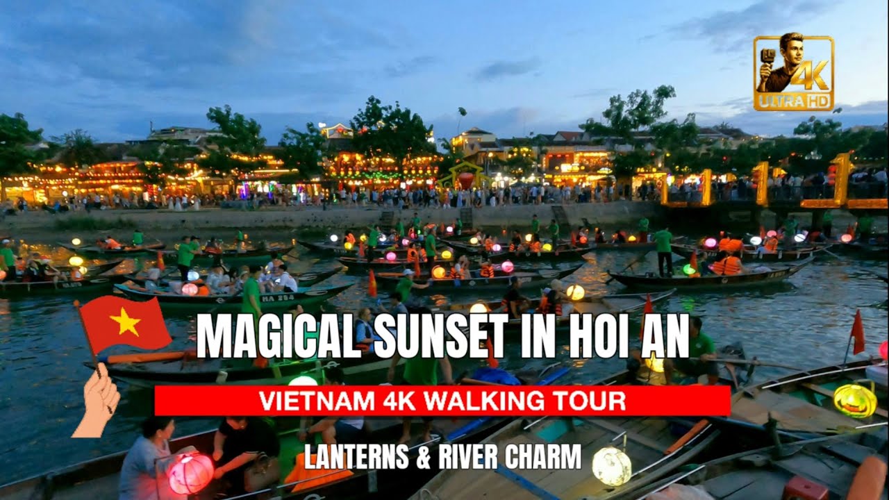 🌆 Sunset Walk Through Hoi An Old Town – Lantern Streets 🏮 & Hoai River Boat Rides 🌃 | Vietnam 4K 🇻🇳