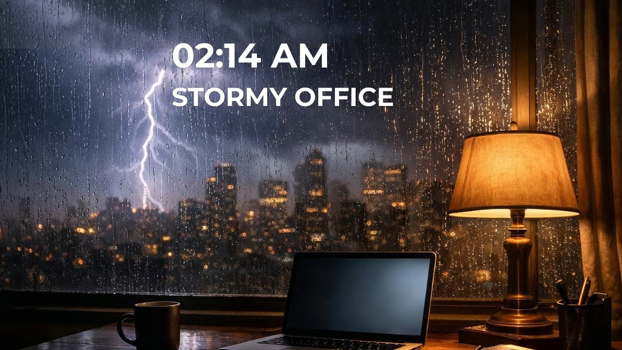 Rain on Window in Stormy Night Office 🌧️⚡ 3 Hours of Cozy Ambience for Study & Deep Focus