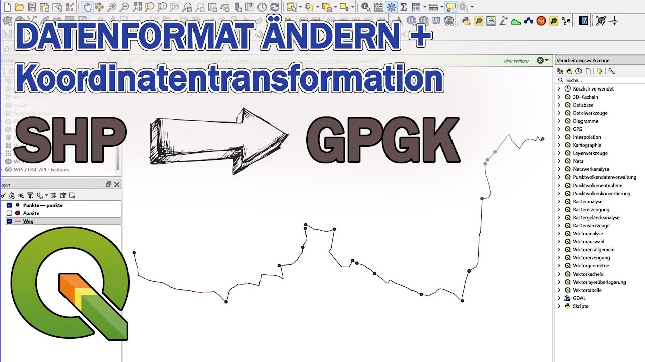 Datenformat &auml;ndern mit QGIS (SHP in GPKG, KML, GeoJSON usw.) + Koordinatentransformation