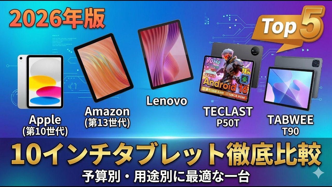 【2026年版】10インチタブレット おすすめ Top 5 徹底比較｜予算別・用途別に最適な一台を紹介