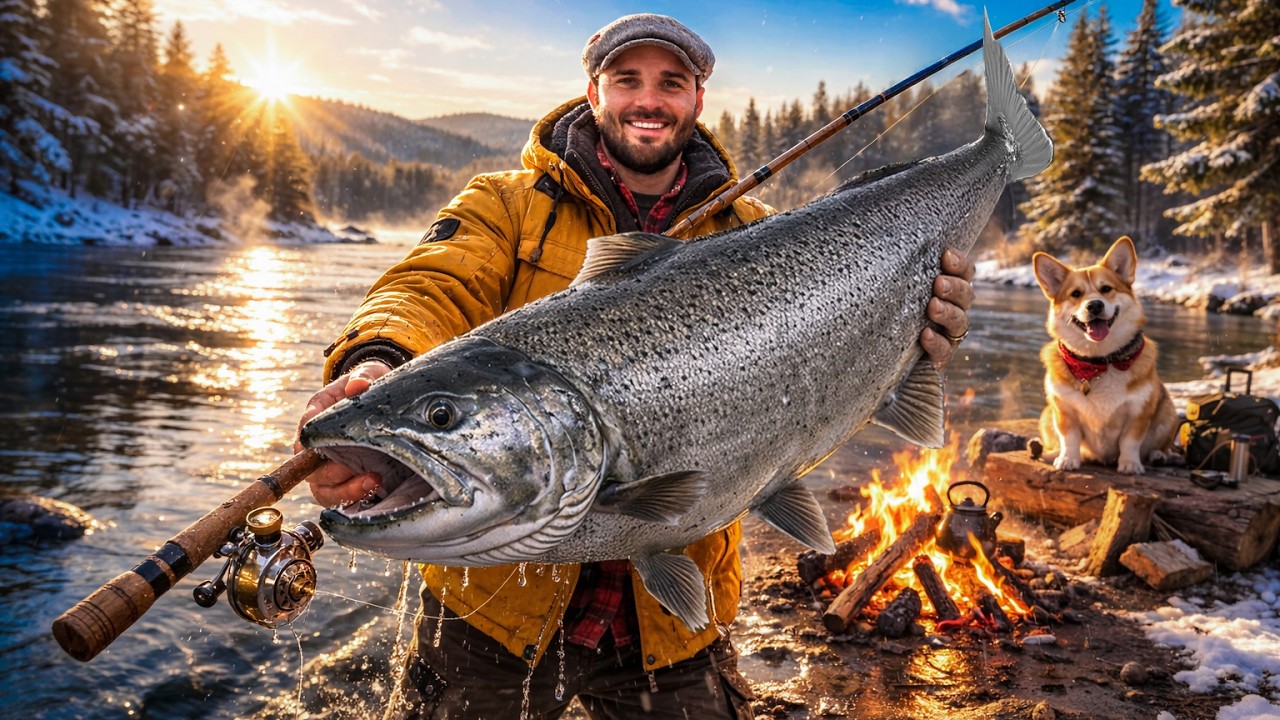 Winter Fishing & Fire Cooking | Giant Salmon on Open Fire | ASMR