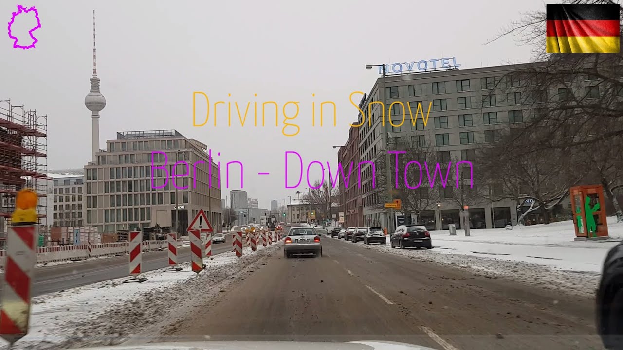 Germany - Berlin. Driving in Snow. From Leipziger Straße over Spittelmarkt to Greifswalder Straße...