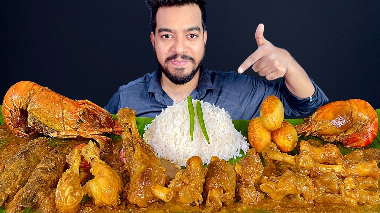 GIANT KING LOBSTER🦞SPICY MUTTON CURRY, PRAWN CURRY, CHICKEN LEG PIECE, EGG CURRY, FISH CURRY EATING