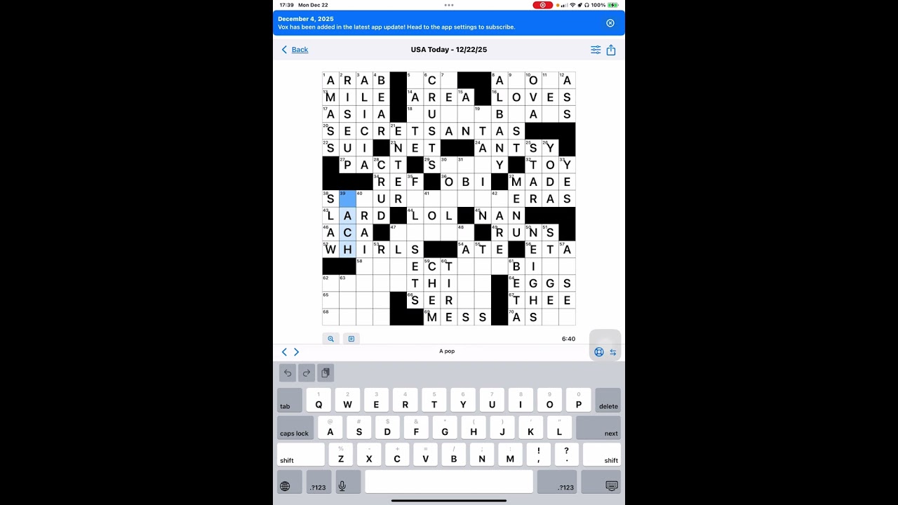 Кроссворд USA Today 2025 12 22
