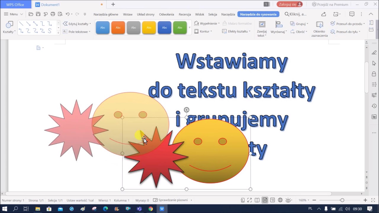 Wstawiamy do tekstu kształty i grupujemy obiekty.