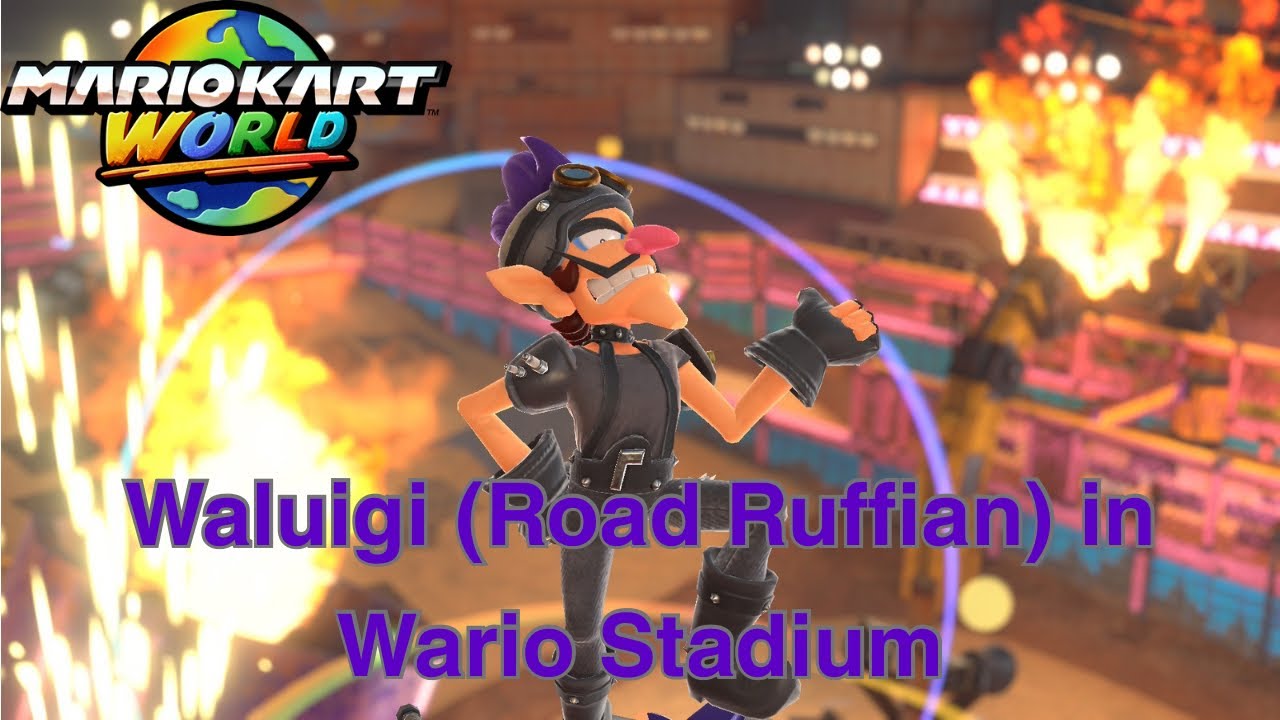 Mario Kart World - Waluigi (Road Ruffian) in Wario Stadium