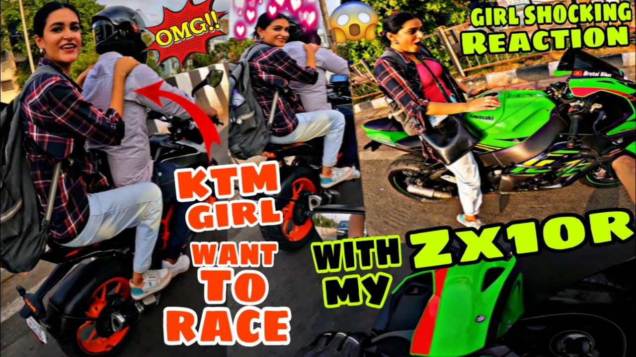 KTM Girl Want To Race With My ZX10R😂! Girl Shocking Reaction To My Loudest Superbike😱#superbike#bike