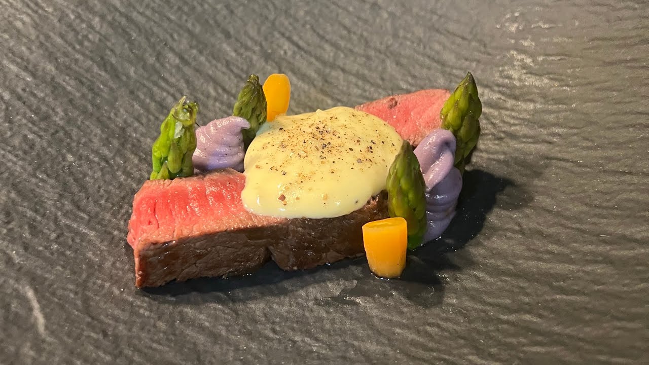 Rump Steak with Blue Cheese Cream Sauce, purple potato pure'e, asparagus and baby carrot