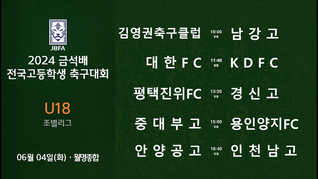 [2024금석배고등 0604] 김영권축구클럽 vs 남강고 / 대한FC vs 경기KDFC / 평택진위FC vs 경신고 / 중대부고 vs 용인양지FC / 안양공고 vs 인천남고